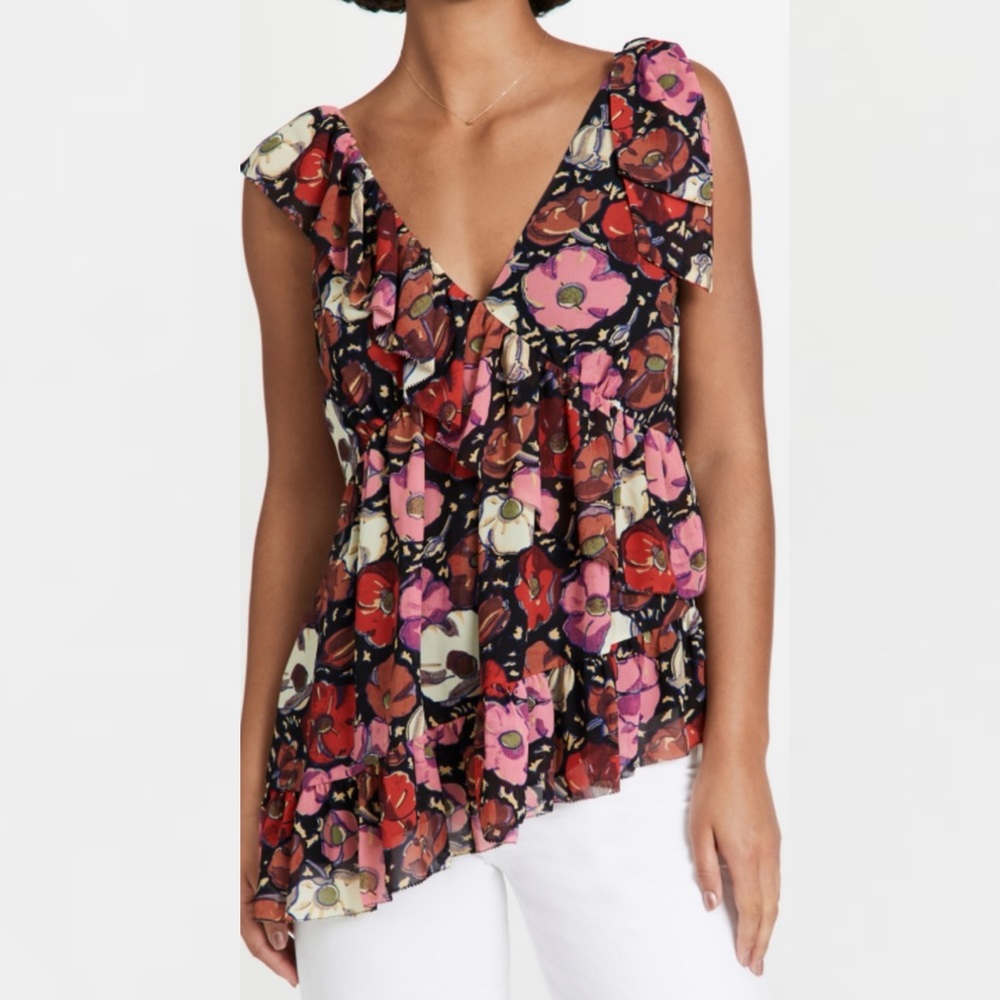 Cinq à Sept Naomi Silk Floral Asymmetrical Ruffle Bow Top NEW